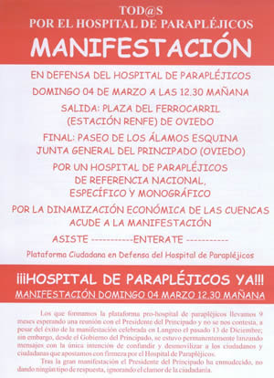 TOD@S POR EL HOSPITAL DE PARAPLEJICOS: MANIFESTACION EL DOMINGO DIA 4 EN OVIEDO