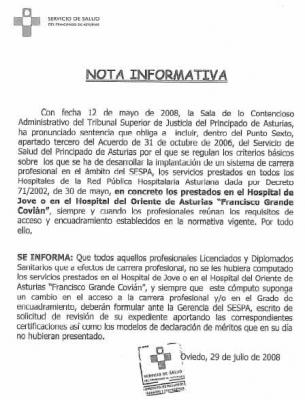 NOTA INFORMATIVA DEL SESPA PARA LOS NIVELES DE LA CARRERA PROFESIONAL